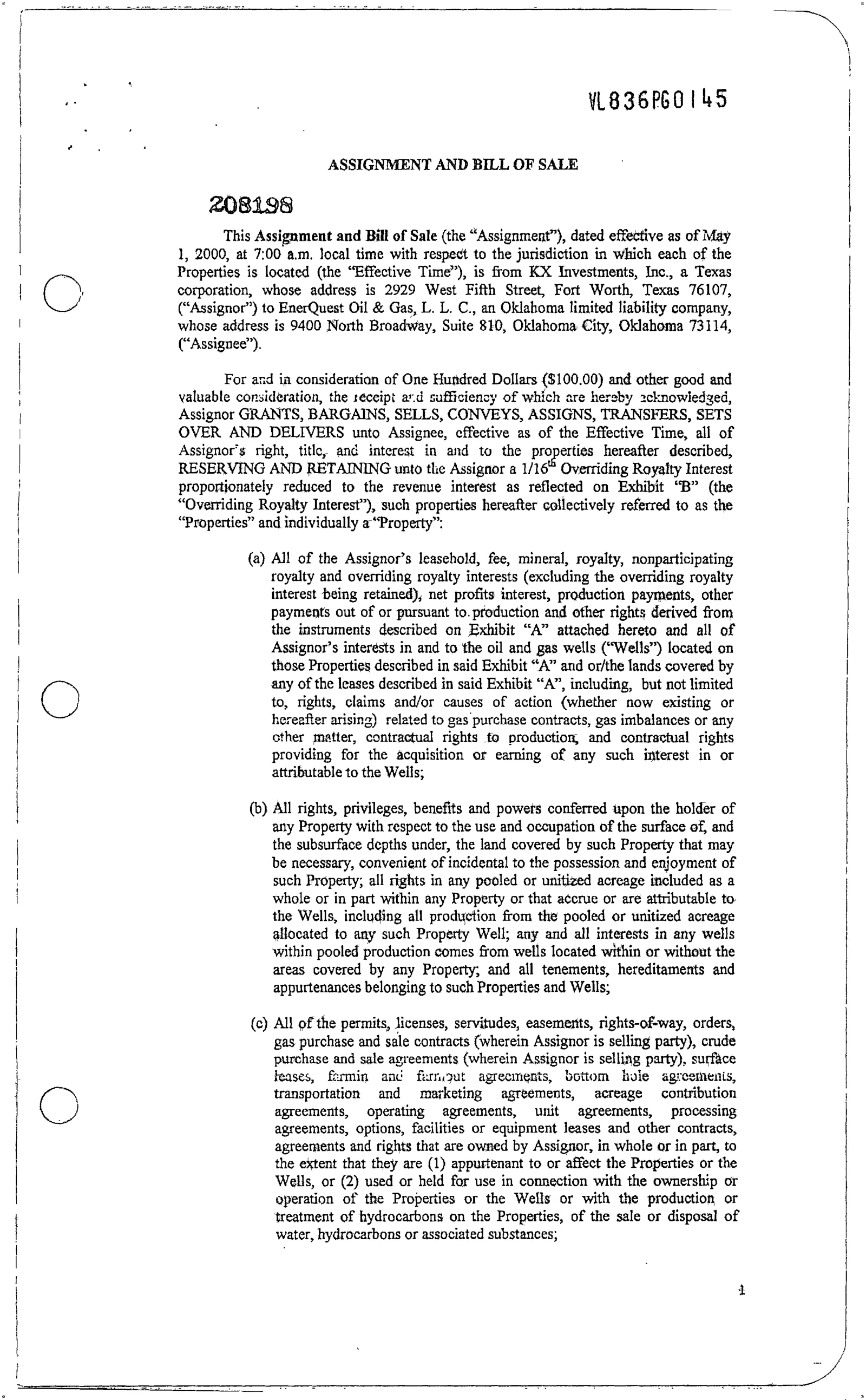 Kx Investments, Inc.. - Recorded Assignment Etc (Vol. 836, Page 145)