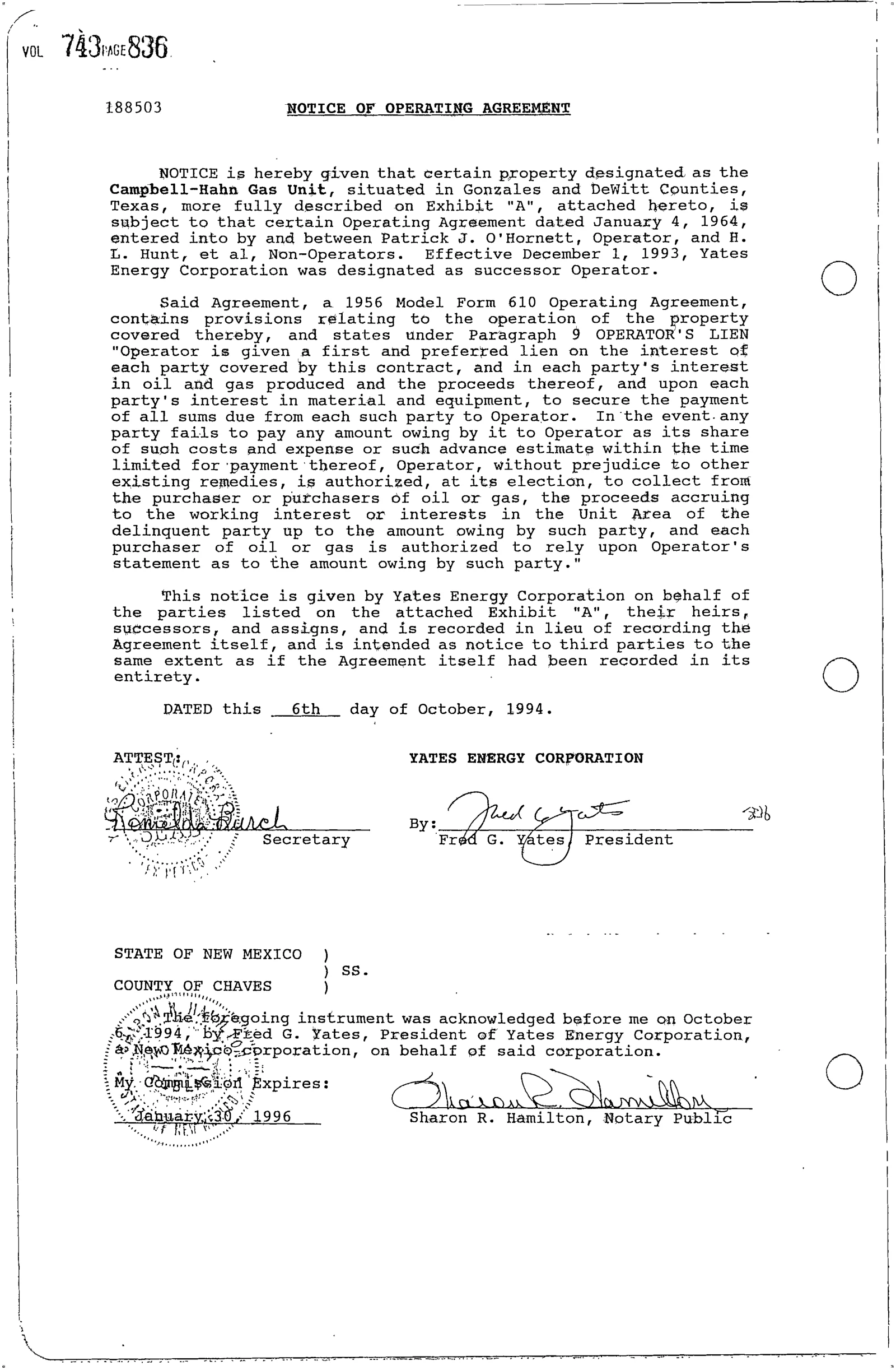 Kx Investments, Inc.. - Recorded Agreement (Vol. 743, Page 836)